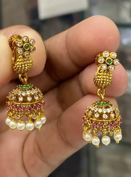 Antique Matte Gold-Plated Multi-Stone Jhumkas with Pearl Droplets