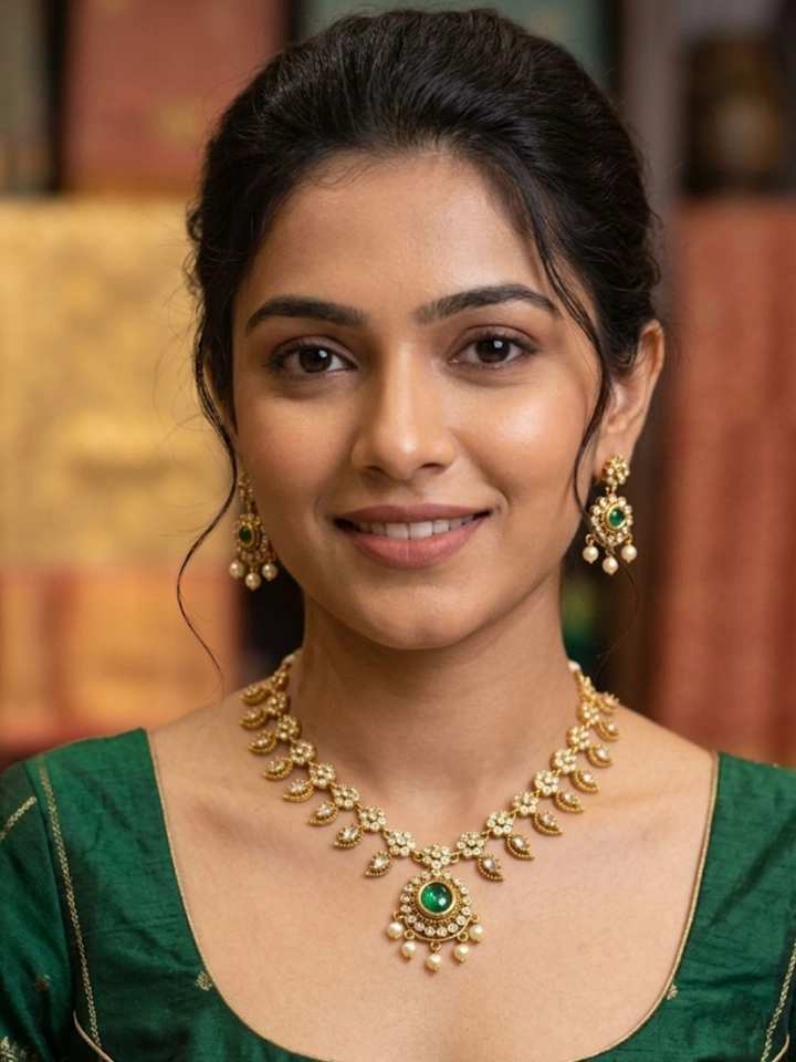 Antique Gold Plated Emerald Choker Necklace and Earring Set