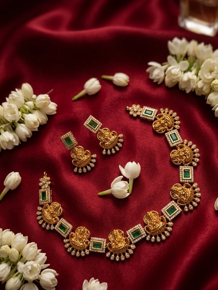 Antique Gold Plated Temple Jewellery Lakshmi Necklace Set with Emerald Stones