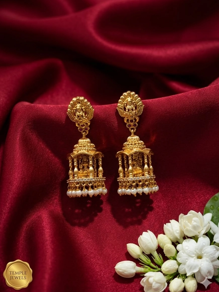 Goddess Lakshmi Temple Jhumkas Bridal Earrings with Pearls