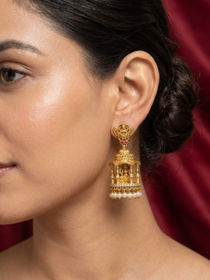 Goddess Lakshmi Temple Jhumkas – Antique Gold Bridal Earrings with Pearls