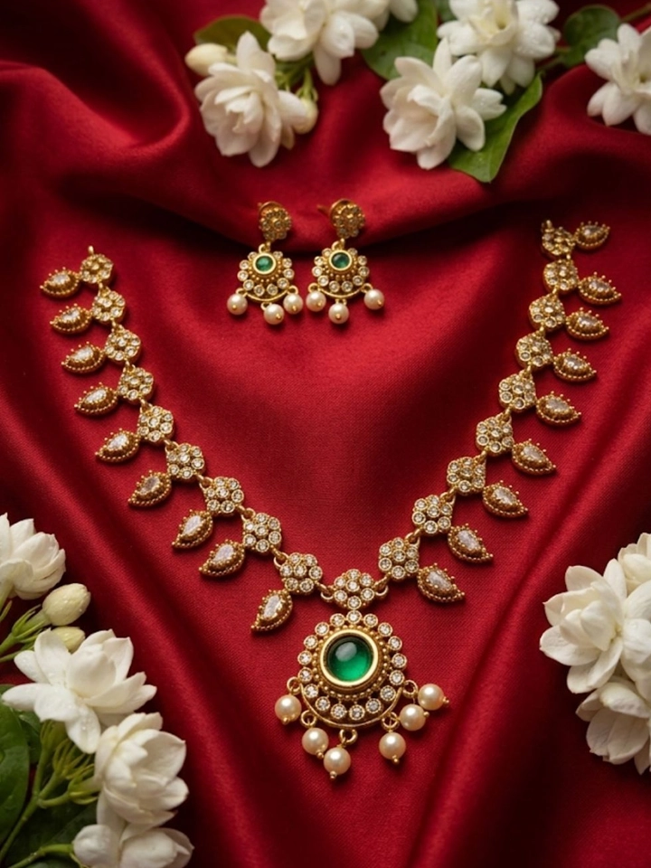Gold Plated Emerald Choker Necklace and Earring Set