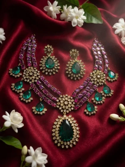 Premium Emerald and Ruby 3-Layer Luxury Necklace Set