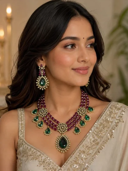 premium Emerald and Ruby 3-Layer Luxury Necklace Set with Matching Drop Earrings