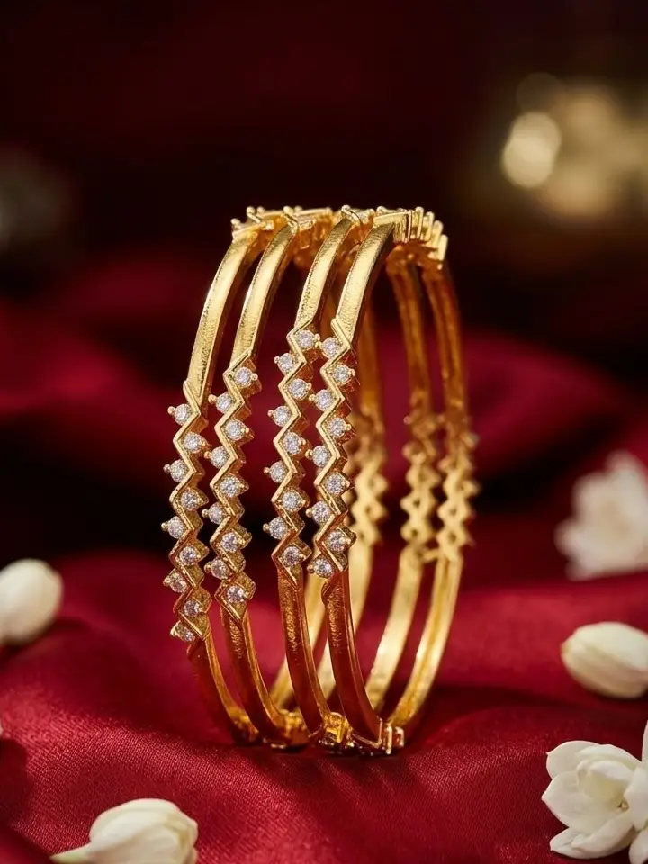 Elegant Gold-Plated Zig-Zag Diamond Bangles Elegant Gold-Plated Zig-Zag Diamond Bangles