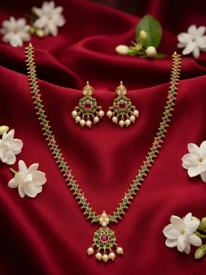 Elegant Traditional Green Stone & Pearl Haram Necklace