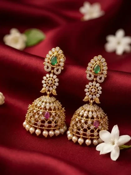 Gold Plated CZ Jhumka Earrings with Emerald & Ruby