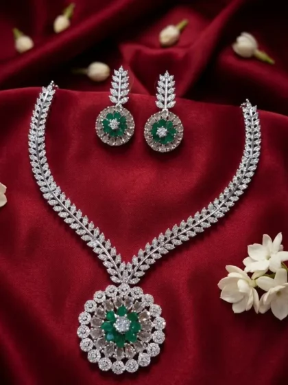 Sparkling Emerald and CZ Diamond Floral Necklace Set