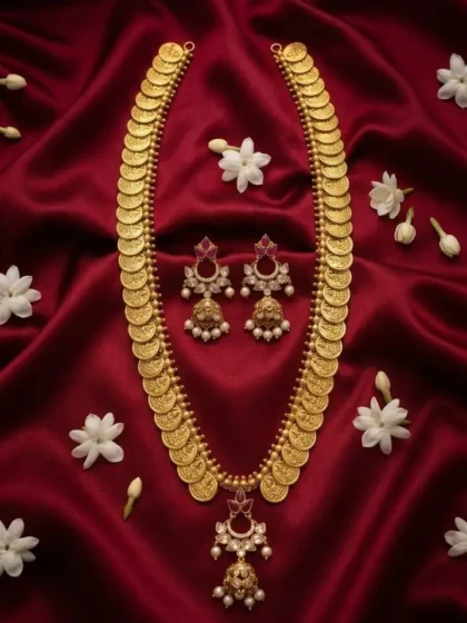 Traditional Gold Plated Kasu Mala Necklace Set with Ear rings